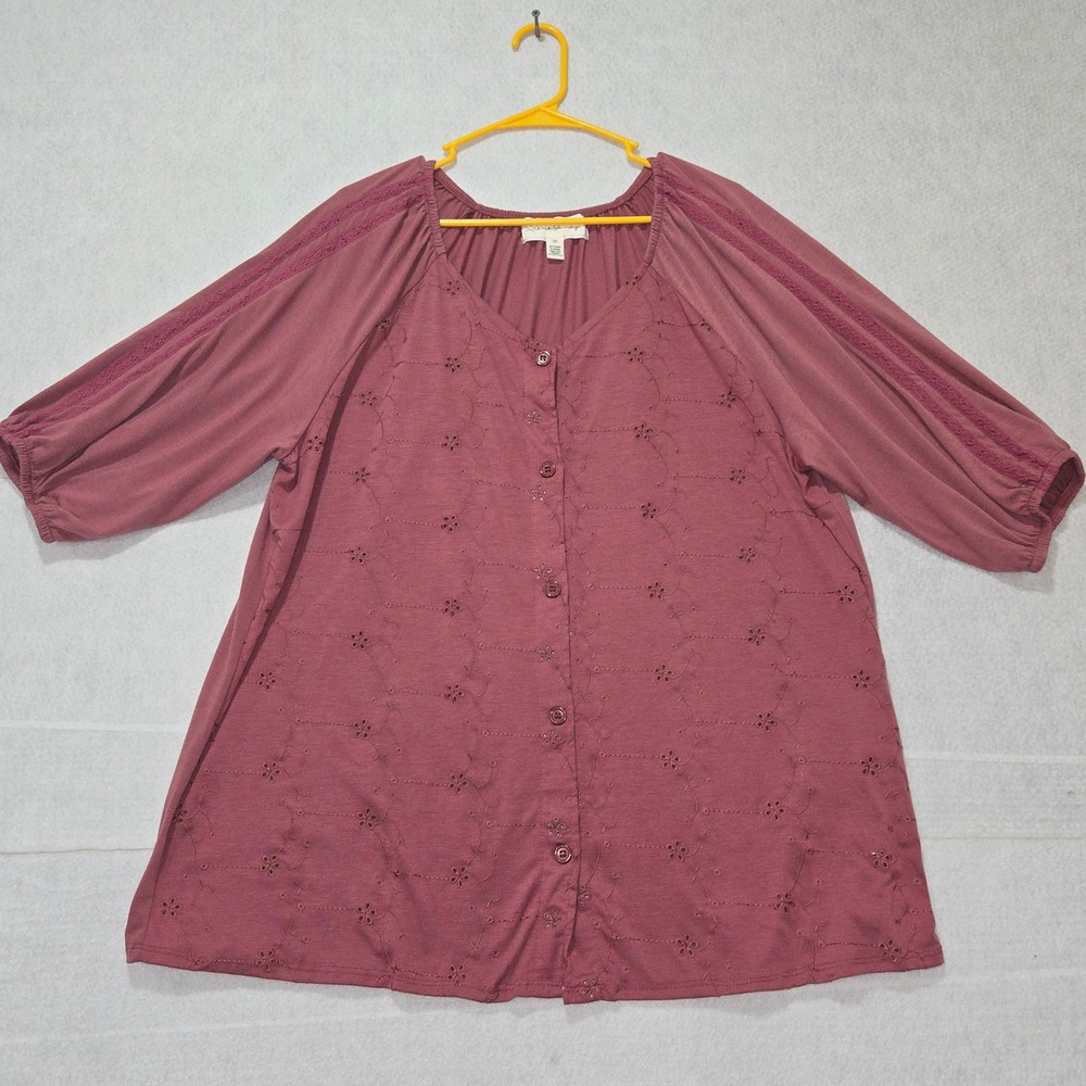 R#58 French Laundry Womens 3X Burgundy Embroidered Button Up‎ Peasant Blouse
